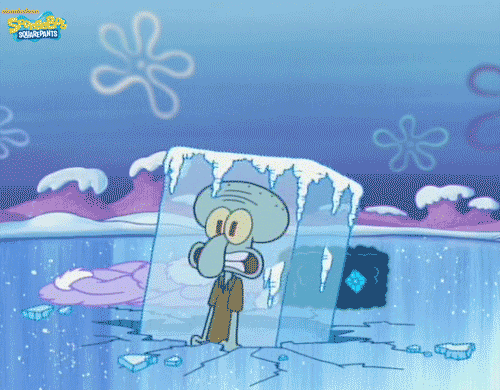 Squidward from spongebob in a block of ice